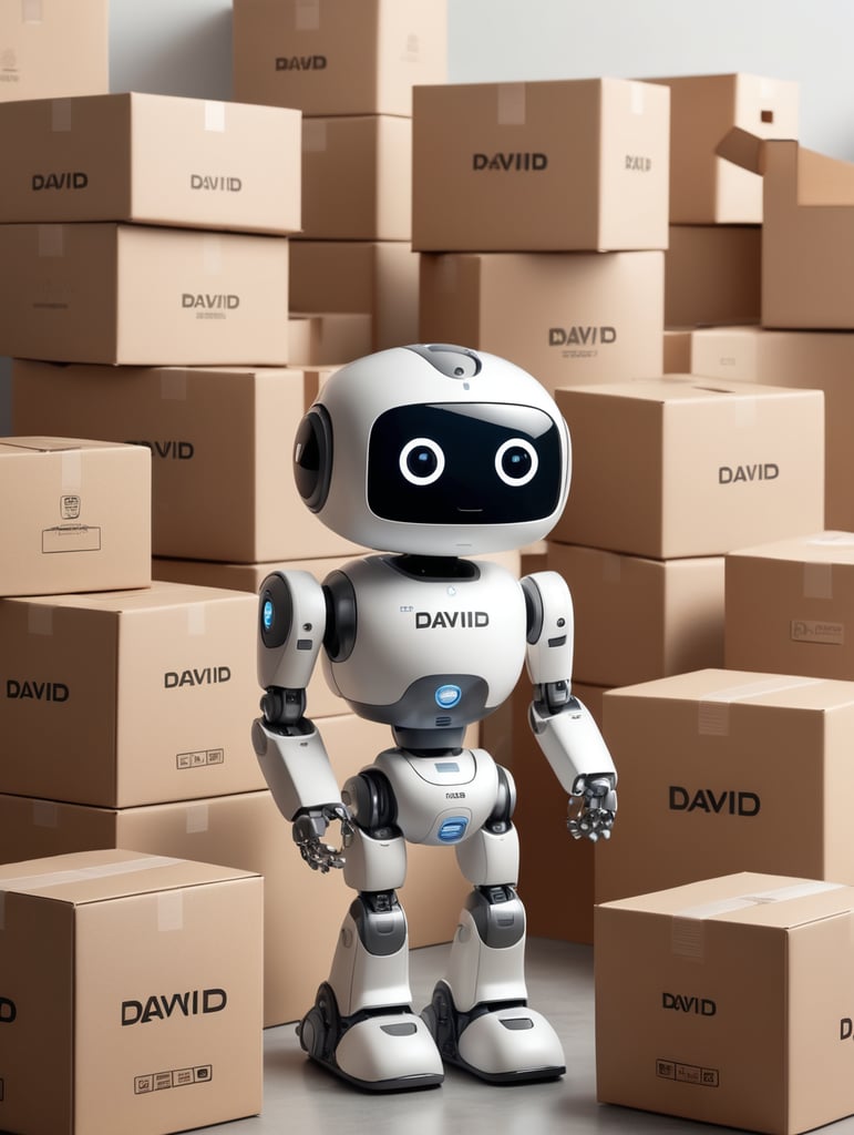 robo que trabalha no estoque, nome davi, com caixas ao fundo, meio fofo, e meio forte