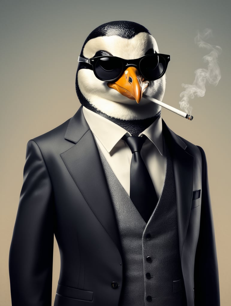 a penguin wearing a smoking suit with sunglasses, Italian mob, the godfather