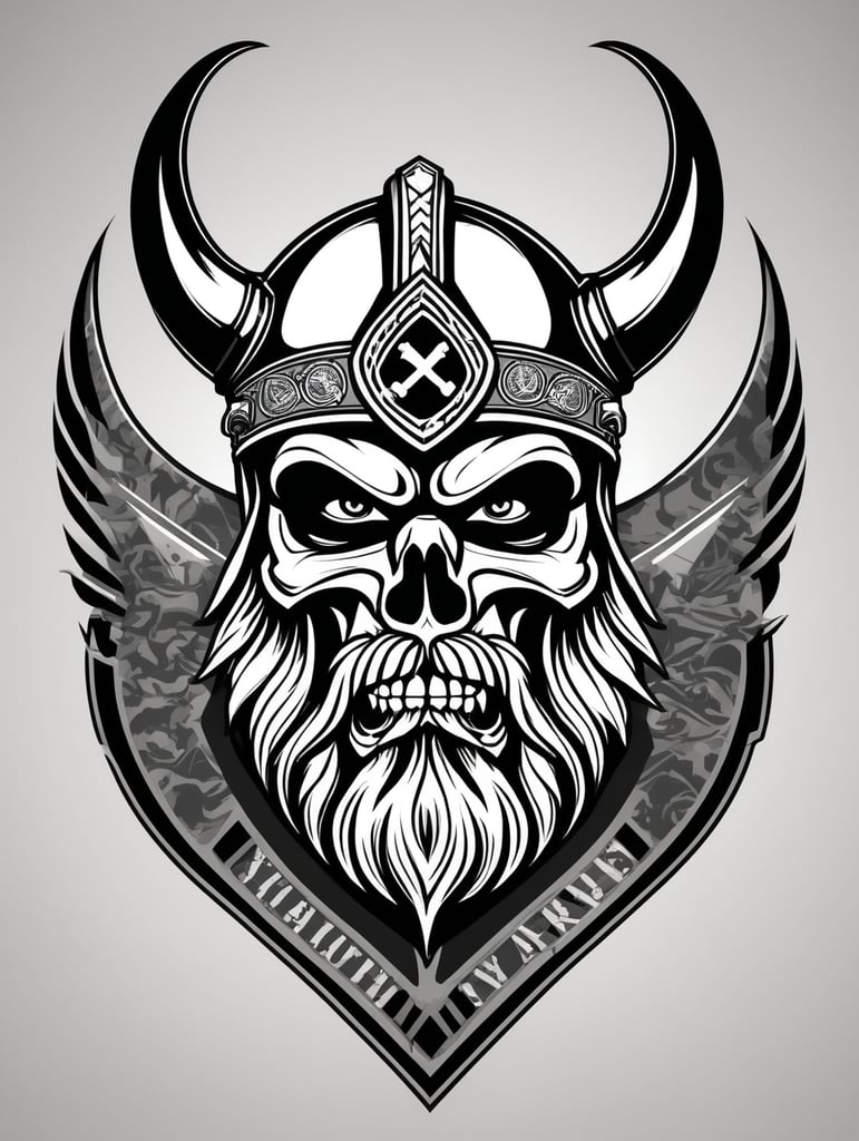 Aggressive Viking with beard skull military chevron logo, black and white, war Logo, vector image