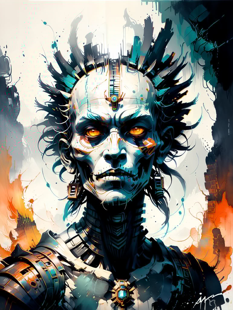 Mictlantecuhtli, the ancient Aztec god of the underworld, depicted predominantly in black and white with subtle shades of gray, Mictlantecuhtli's body represents intense rage, furrowed brows, and eyes blazing with anger. His features are sharp and clear. Elongated bone structures form his skeletal appearance, emphasizing the otherworldly nature of his being. Against the backdrop of the Aztec underworld known as Mictlan.