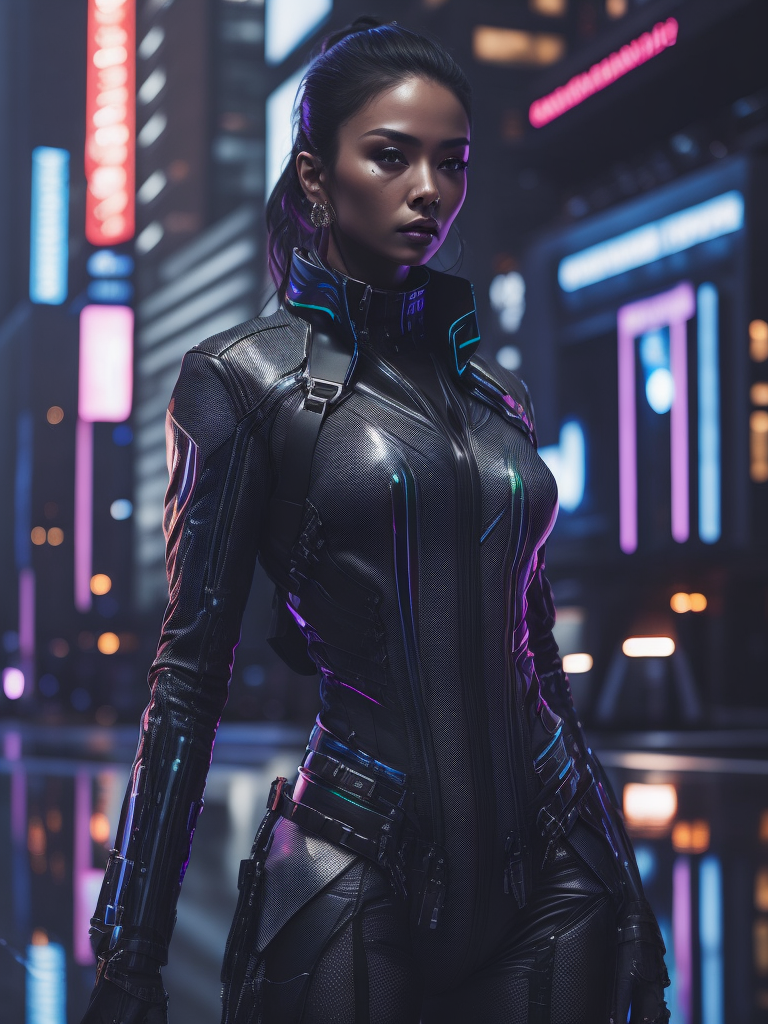 A woman wearing holographic cyberpunk clothing, surrounded by neon-lit cityscape reflections, vray render, ray tracing, subsurface scattering, by Josan Gonzalez and Liang Mark