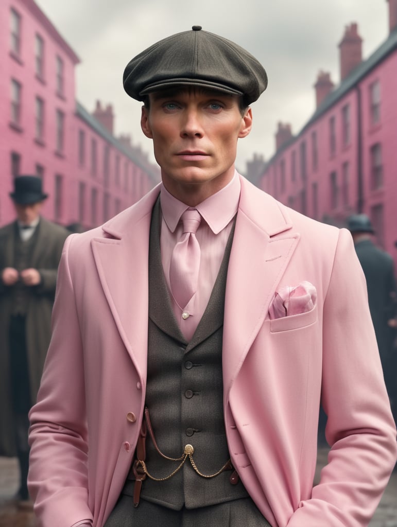Cillian Murphy as a character from the tv show "peaky blinders", wearing clear pink clothes, realistic, medium shot, peaky blinders style background