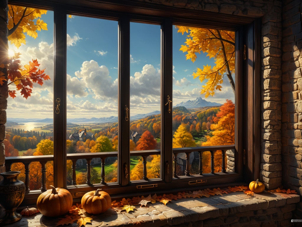 a view of calm warm sunny autumn day that seen throught an open window
