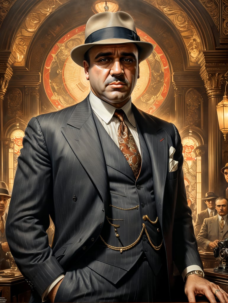 A portrait of Al Capone in his signature pinstripe suit, highly detailed, realistic rendering, vintage sepia tones, digital painting, trending on Artstation, art by Greg Rutkowski, Alphonse Mucha, and Norman Rockwell