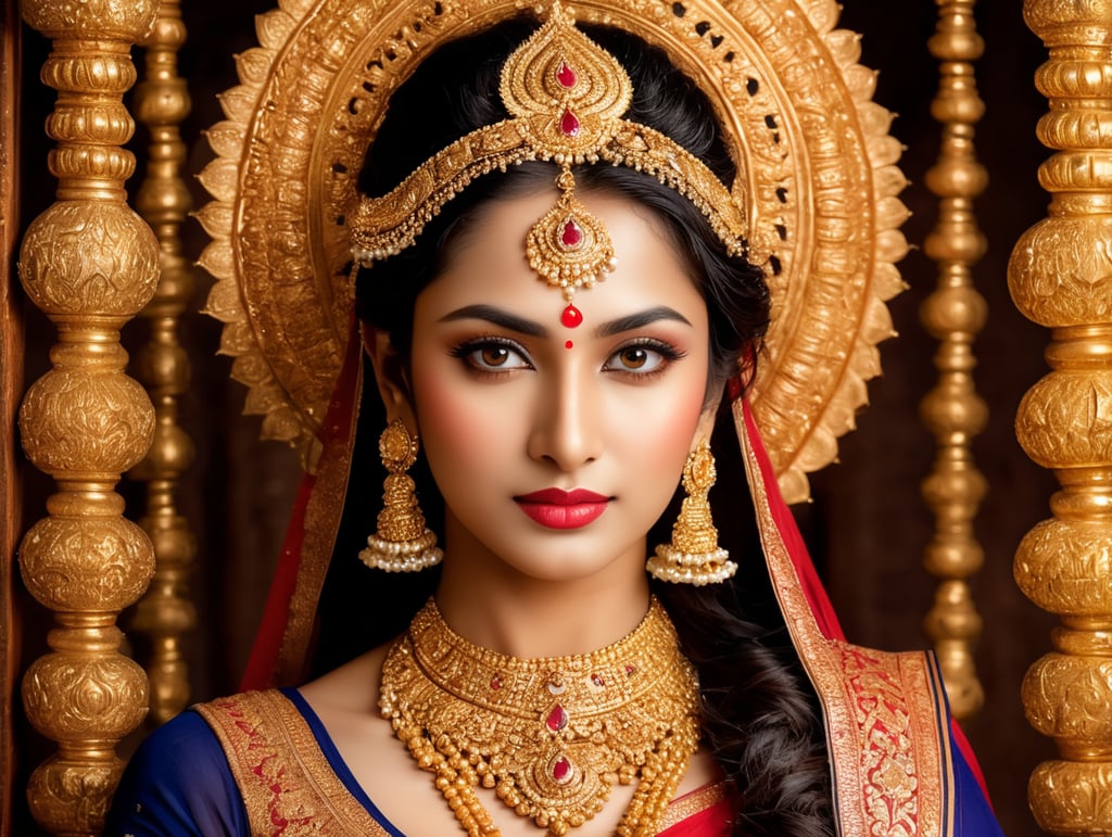 A Grande Deusa Durga é dita ser requintadamente bela. Sua imagem é extremamente brilhante, com três olhos como lótus. Em alguns contos, possui 8 mãos, em outros, 10, 12 ou até mais. Possui cabelos exuberantes com formosos anelados, uma pele vermelha-dourada brilhante e um quarto crescente em sua testa. Usa um brilhante traje azul-marinho que emite raios. Seus ornamentos são lindamente esculpidos em ouro, cravejados de pérolas e pedras preciosas. Cada deus também lhe deu a sua arma mais poderosa: o tridente de Rudra, o chacram de Vishnu, o raio de Indra, o kamandal de Brahma, o gada de Vishnu etc.