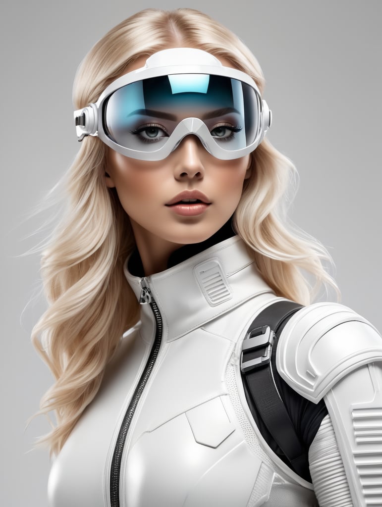 full body beautiful supermodel female model all white wearing futuristic female starwars model and astronaut style goggles in blonde hair looking to the right. No background, 8k, surrealistic