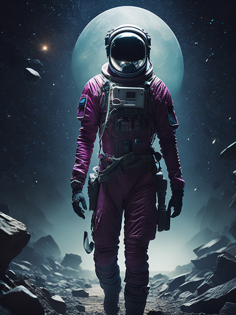 astronauta perdido en el espacio, con un halo de luz magenta que le traspasa el visor del casco, la imagen es de cuerpo completo retro futurista