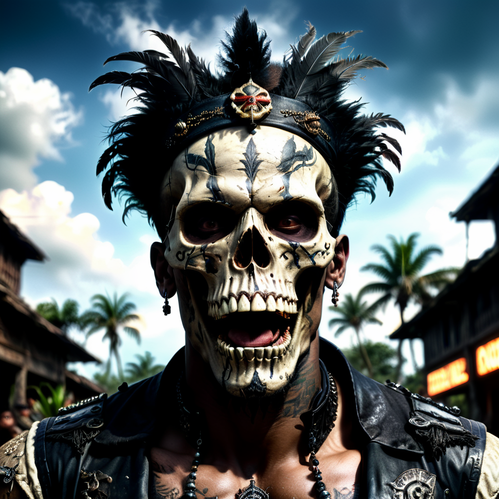 a screaming voodoo priest, eyes wide open, crazy expression on the face, the face is made up like a skull, makeup is made of chalk and partly smeared, black and worn top hat with a brim made of chicken feathers and small skulls, black and worn leather vest, his neck and chest and arms are completely tattooed with voodoo symbols, a glass of rum in the left hand, the right fist stretched towards the sky, full body, midnight, tropical jungle scene in the background, depth of field, taken with an 85mm lens, extremely detailed photo