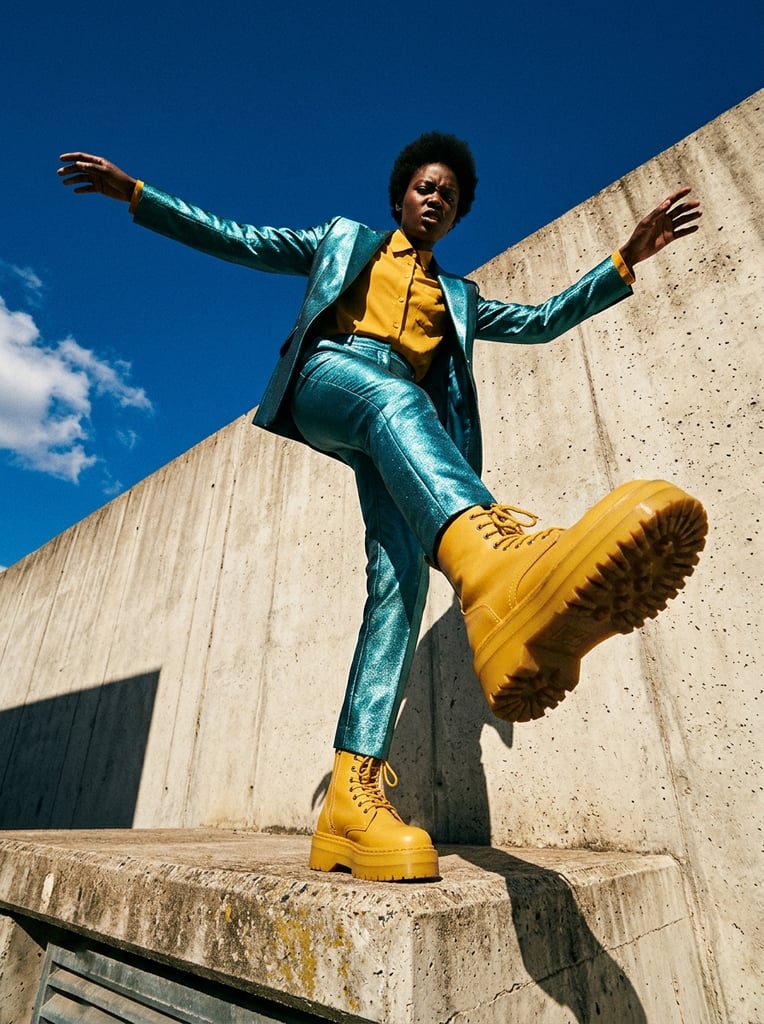 extreme low angle fashion photography, model with short hair in a shimmering metallic teal suit and mustard shirt stepping over the camera, dynamic pose with outstretched arms, chunky yellow combat boots, wide-angle lens distortion, harsh sunlight casting sharp shadows on a stark concrete wall, deep blue sky, vibrant colors