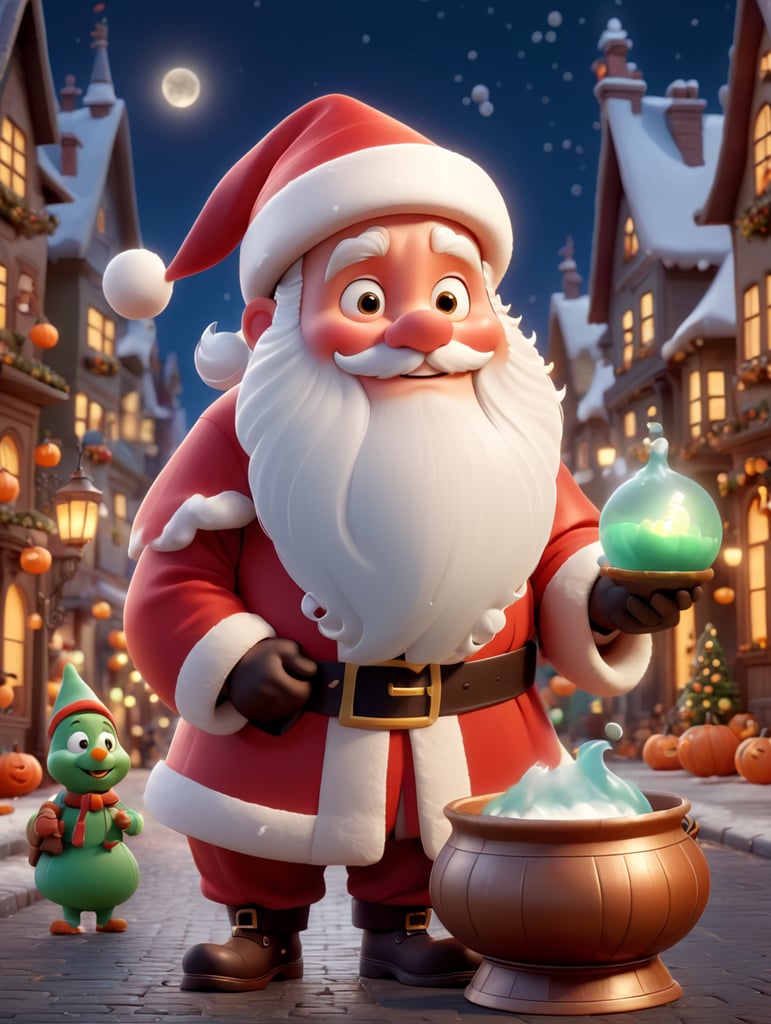 A charming Santa Claus in the middle of Street at night, halloween theme, Disney Pixar style, wearing a pointy hat and holding a bubbling cauldron