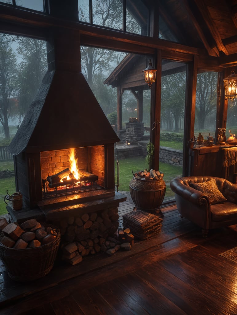 warm cozy nice decor wood house, raining outside window, fireplace inside