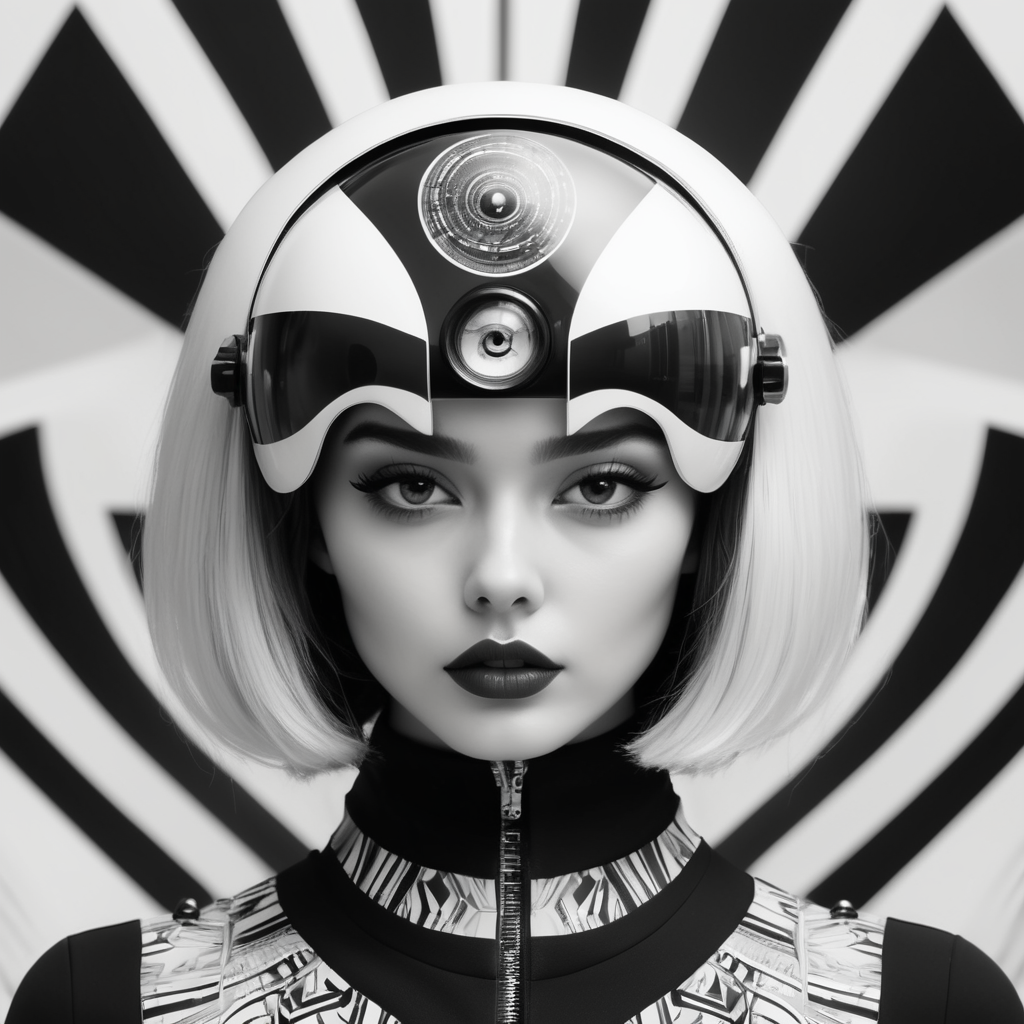 Cute girl model, retro futurist of high fashion, made in symmetrical black and white psychedelic style, black and white beauty, optical illusion, glitch art, flirty, shot on Canon