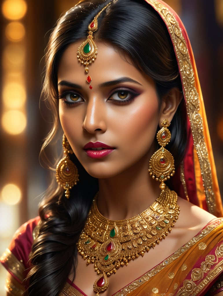 Indian Tamil girl, rich beautiful sari, bright makeup, golden jewelry, casino