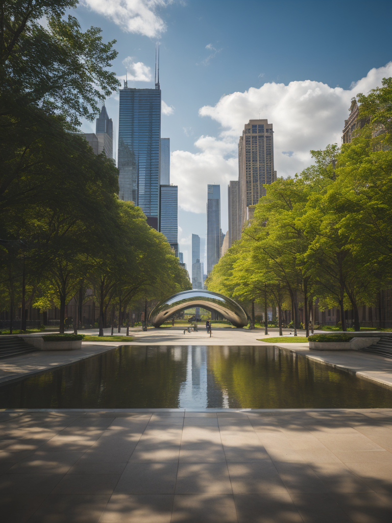 Chicago Millennium Park, Cloud Gate, Green trees, Skyscrapers in the background, Vibrant colors, Deep colors, Contrast lighting, Sunny day, High detail, Sharp details