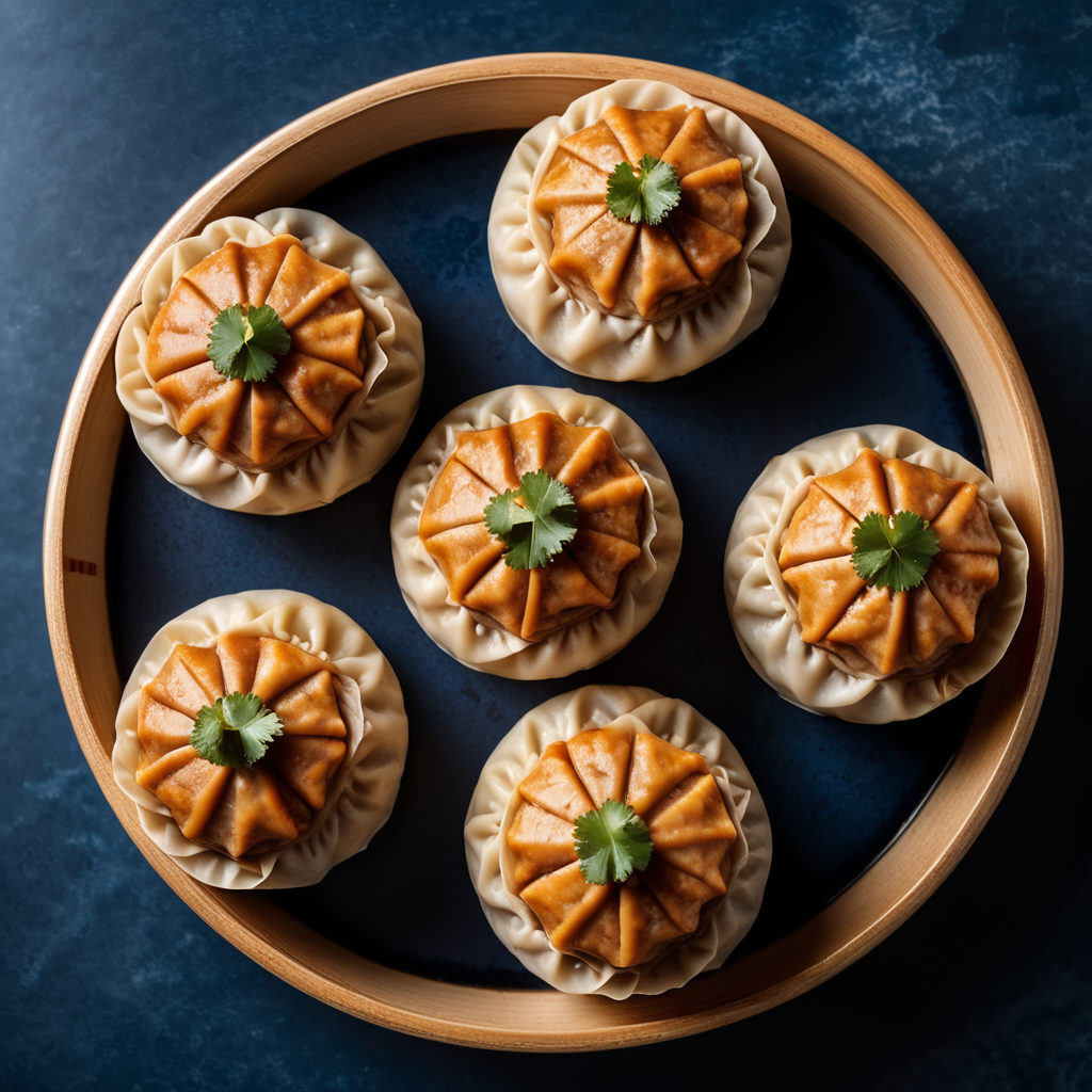 three, chicken Shumai dumpling, dark blue surface, top view