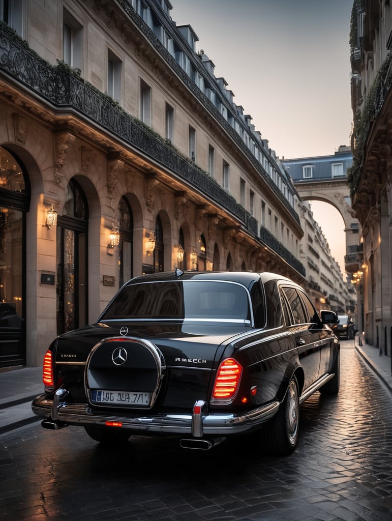 high quality cinematic Mercedes-Benz Maybach decorated with diamond stones in the city of Paris