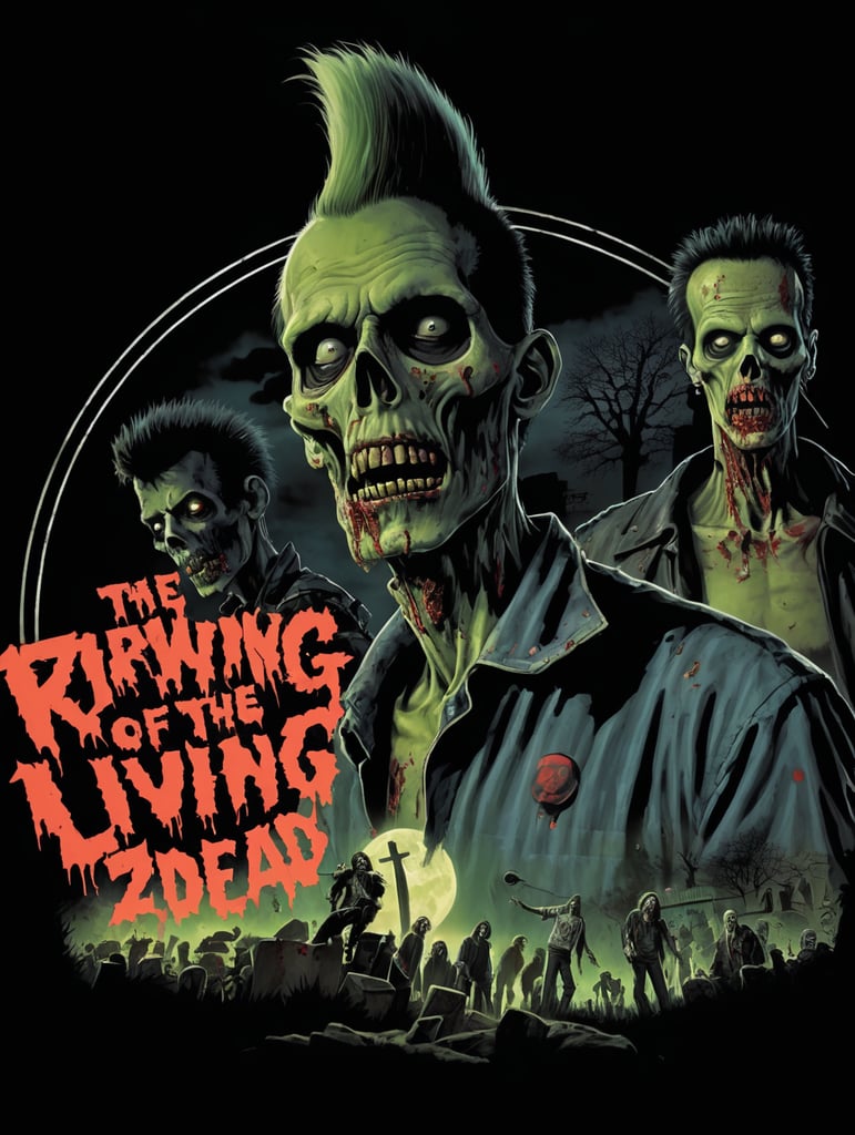 Night of the living, dead punk rock zombies in a graveyard high-quality details, deep focus, professional shot