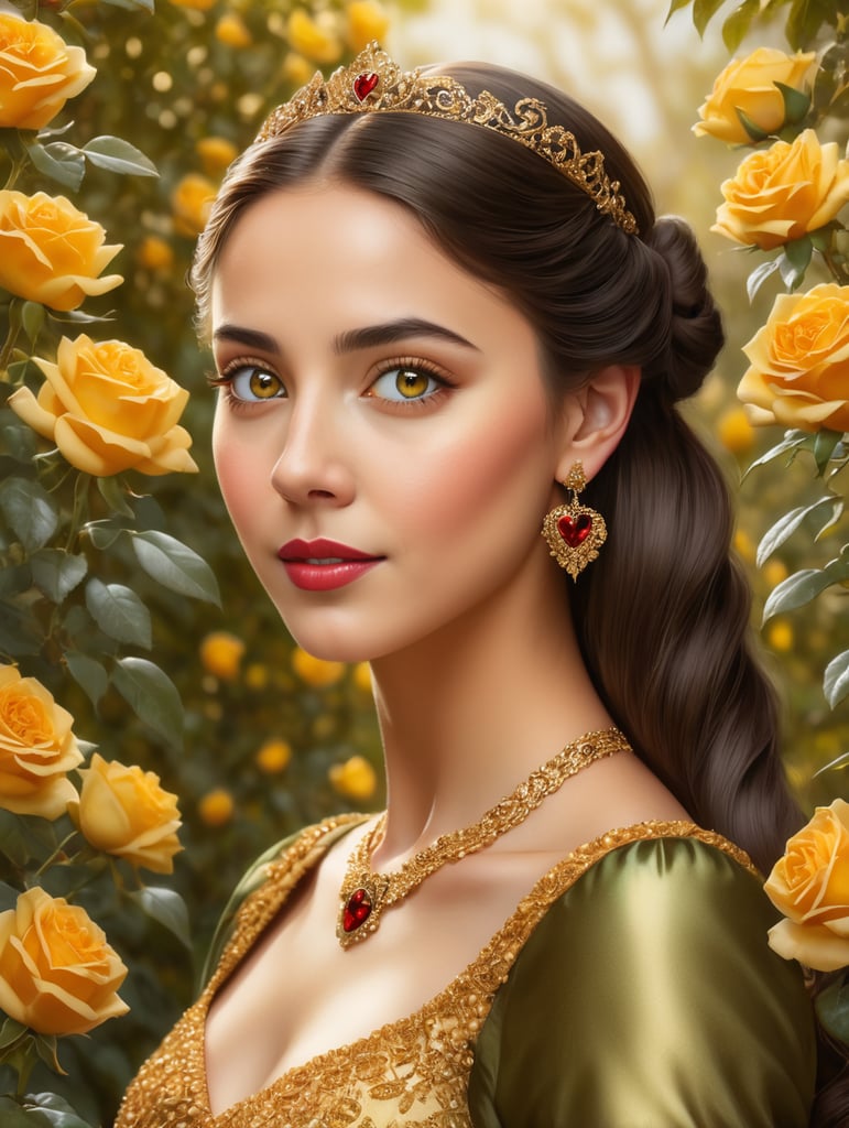 A hyper realistic portrait of a stunningly beautiful princess wearing her golden dress with heart-shaped buttons and red earrings, posing in front of yellow rose bushes. Her hair is long dark brown and straight. She has green eyes and an oval face. Typical colors. High resolution. 3 4 view pose, shown to waist.