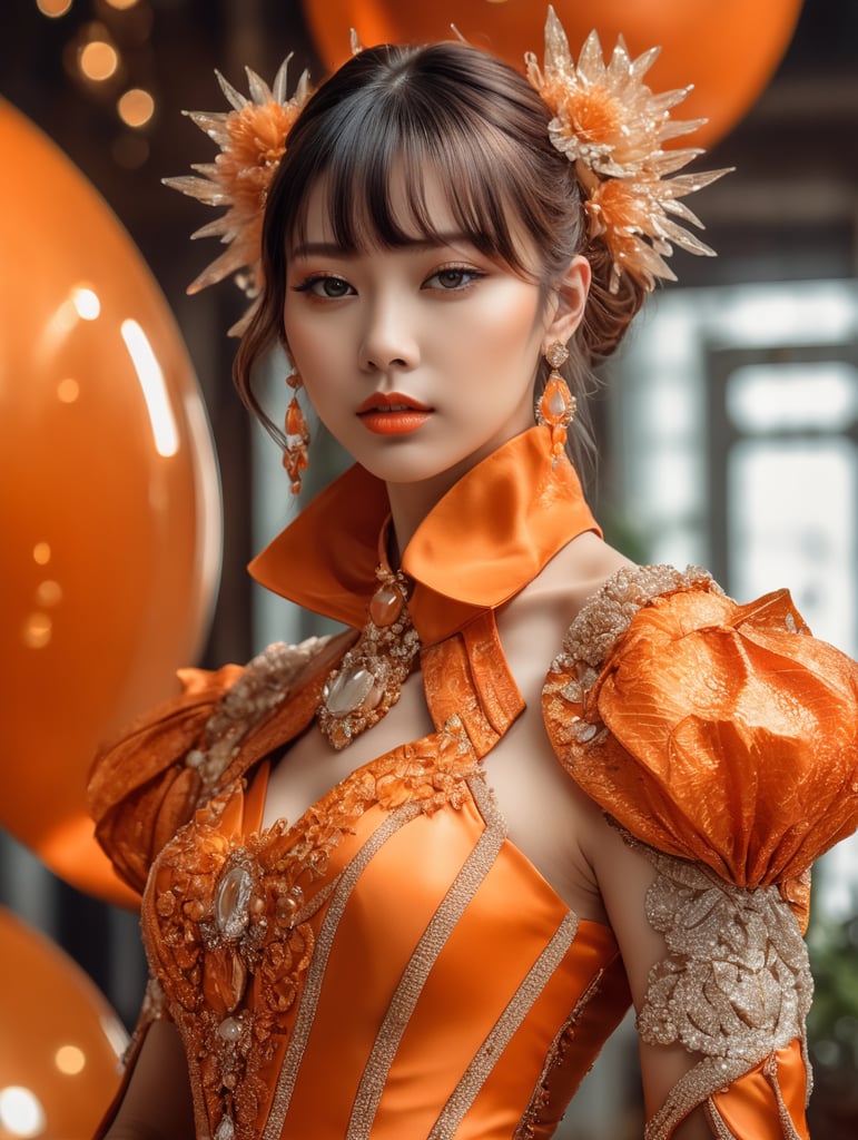 Girl in eco friendly haute couture outfit in the style of anime, surrealism, akira style. details. fine jewelry. eco friendly. orange vibe.