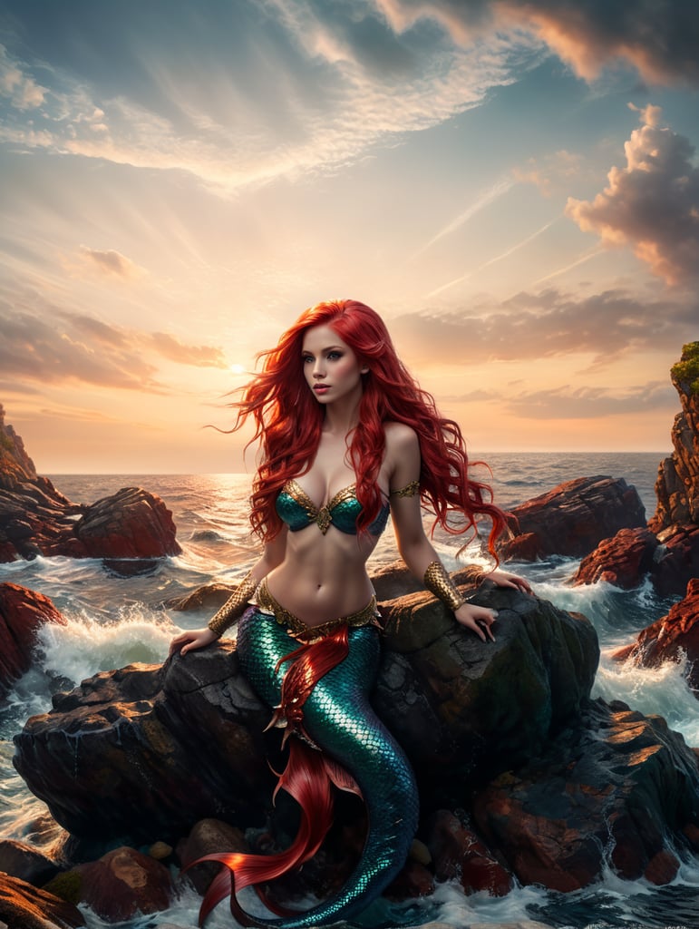 mermaid, long tail, red hair, on rock, sea and sky background