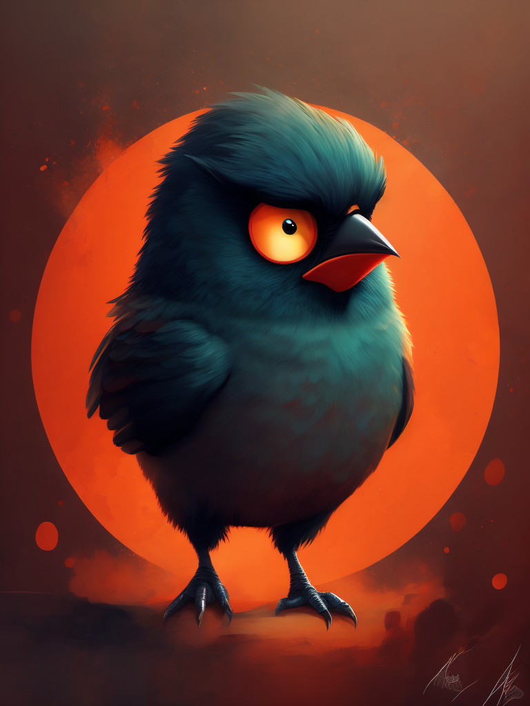 angry birds, black round bird on red background, standing centered in 3D style, rendered using beautiful Disney animation, Pixar style, Disney style, 3D style