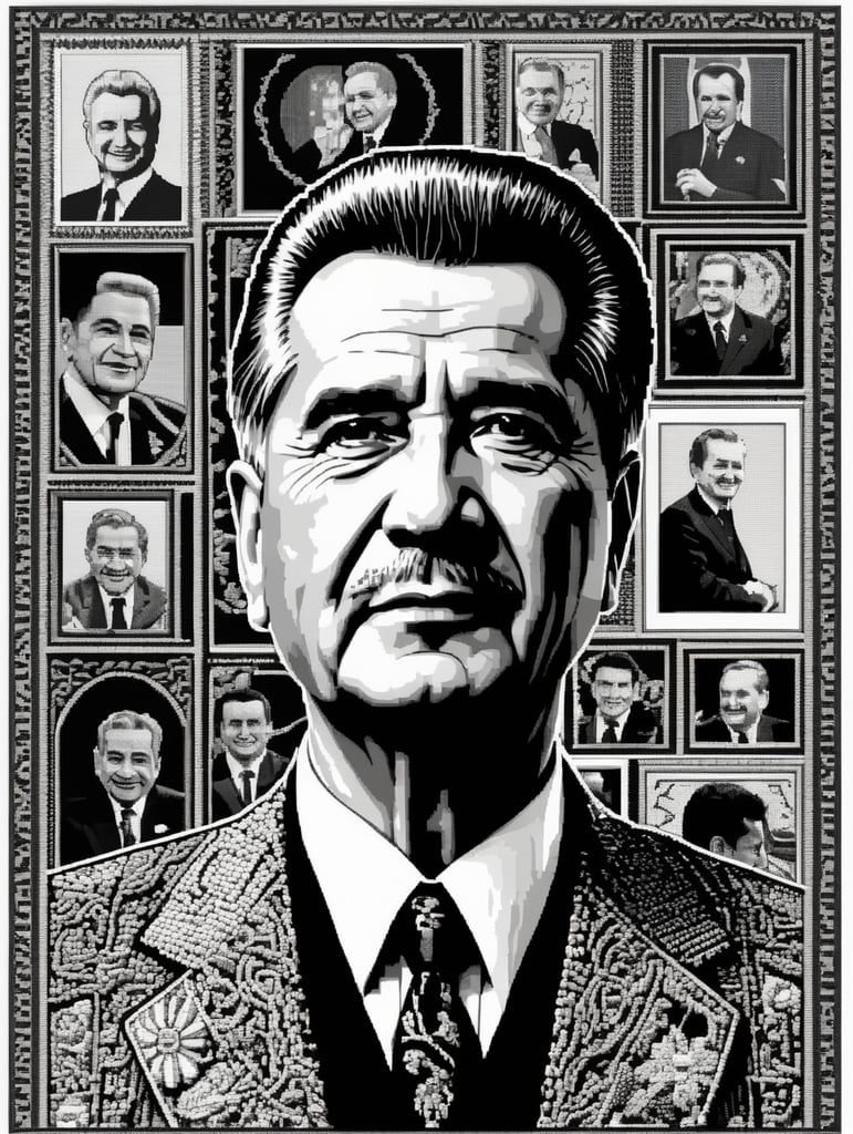 cross stitch pattern with nicolae ceausescu in the style of fujifilm natura 1600, white and black, expressive comic panels, made of beads and yarn, craftcore, skillful, free brushwork