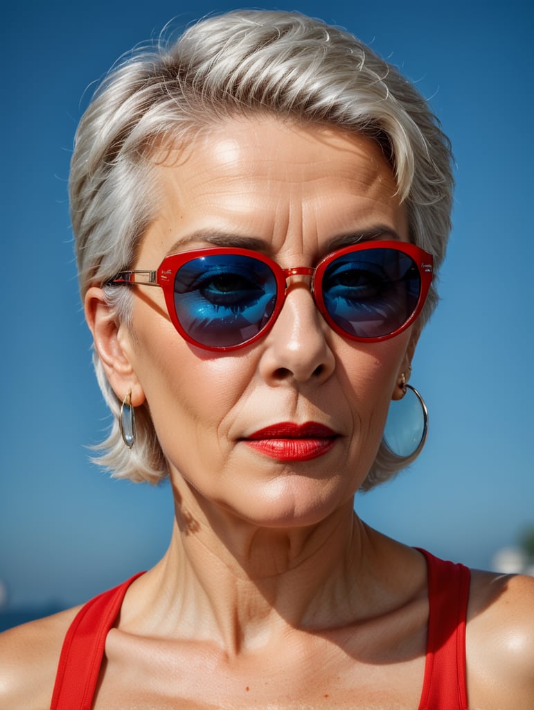 A portrait of a beautiful English older woman with white platinum short hair and big sunglasses, dressed all red, blue background, big cleavage, glamorous London portrait, highly realistic, women designer, very fashionable, colourful