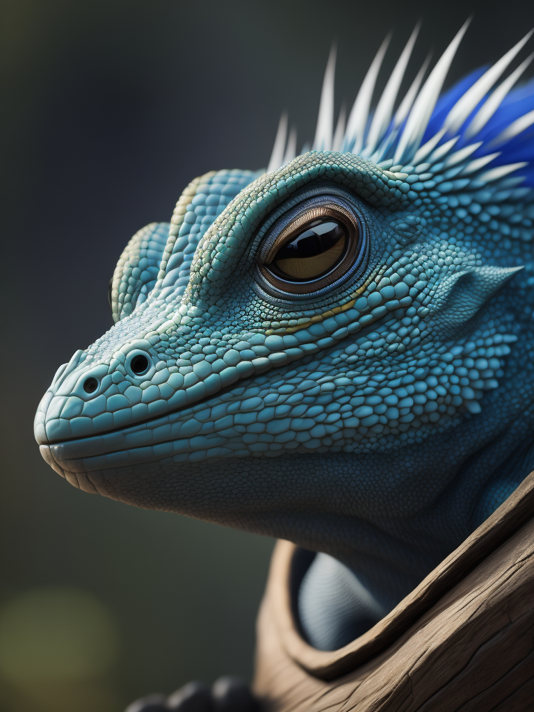 Blue feathered lizard, Vibrant colors, Depth of field, Incredibly high detail, Blurred background