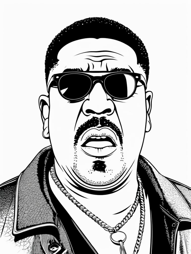 angry fat black gangster wearing sunglasses, in the style of basic simple line art vector comic art on white background