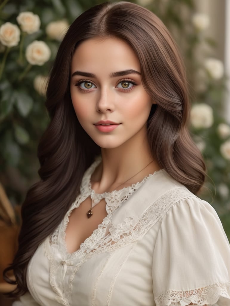 high contrast, saturated Highly detailed, Pretty regency twenty year girl with chocolate hair color, small heart shaped face, sharp dark bright upturned eyes with narrow inner corner