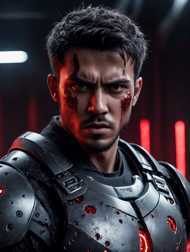 A realistic photograph of a 22-year-old man, with a scary angry expression, black messy short hair, dark black eyes, with a cut scar in the eye, with no beard, strong body, wearing a white robotic armor, covered with red dye, with a bright background with white leds, dramatic illumination, hyperdetailed, hyperrealistic, 8 k