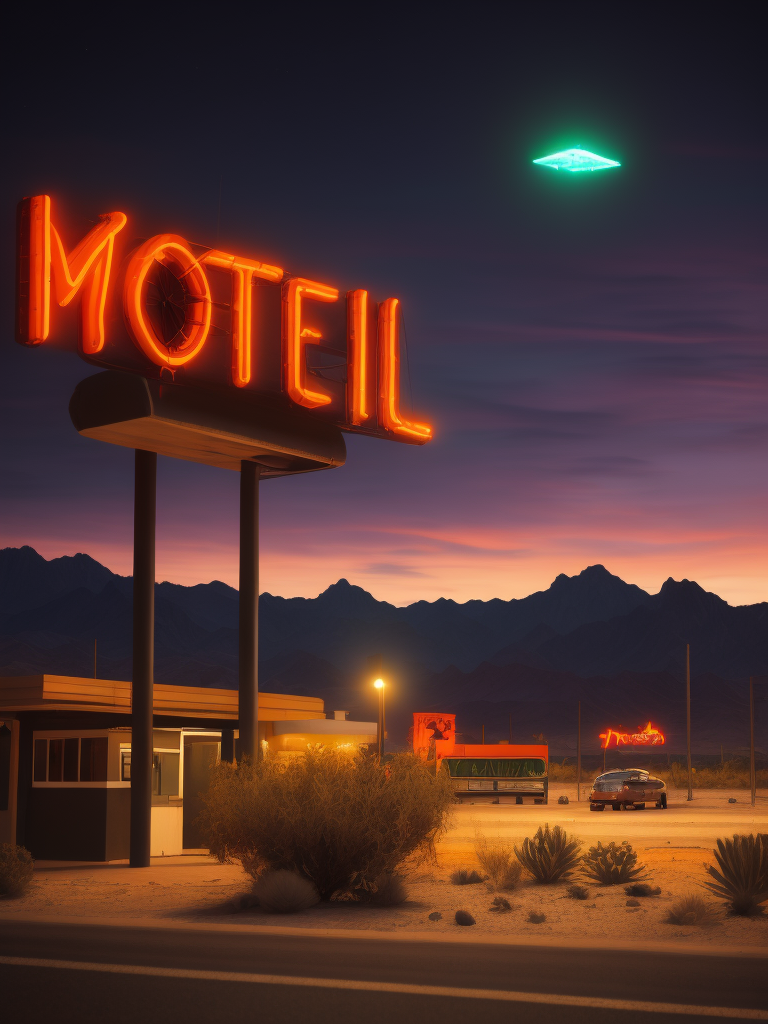 Motel located near the highway with a large neon sign, night, bright colors, contrasting shadows, deep dark atmosphere, tumbleweed, desert and mountains on the horizon, incredible details, sharp focus