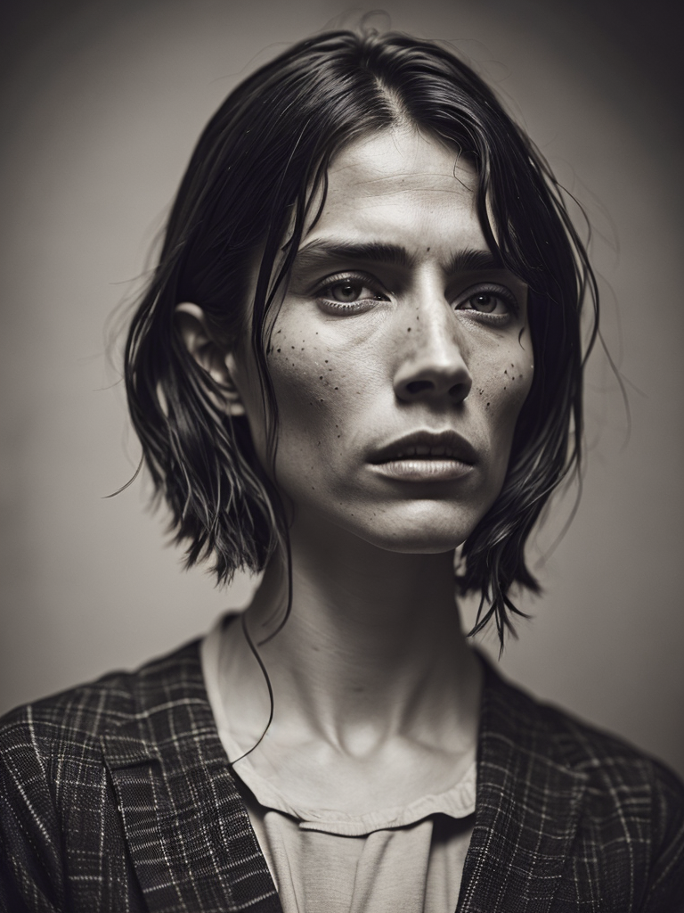 a wet plate photograph of a blind farmer with dark bob haircut, neutral emotions on her face