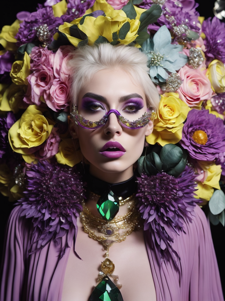 purple and pink, retrofuturism, retro future, 1970, purple vampire dracula, insane bizzare eyeglasses, bright, colorful rgb, dream world, Alexander McQueen Glazier demonic boy, monster face, vampire, horrific, arty pose, fashion, massive huge jewelry, precious gems, massive pearls, giant white diamonds, retrofuturistic, crystal, marble, glass, floral, massive big flowers, gem flowers, hyper neon glow, dark, moody, diaphanous layered ultra haute couture, high definition, high resolution, bold vibrant colors , volumetric lighting, 8k, 3d rende, style by dior, style by channel, by Jimmy Marble and Takashi Murakami