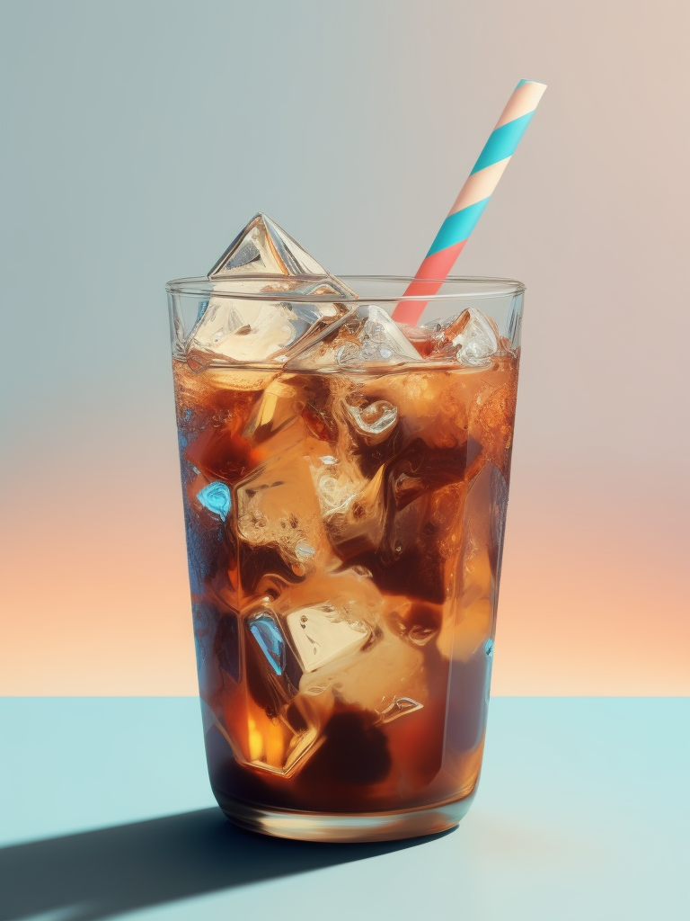 Glass with cold brew coffee and ice and a straw, pink-blue background, sharp on details