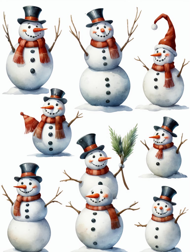 Snowman, different angles and expressions, full body only character sheets, multiple poses, white background, whimsical watercolor