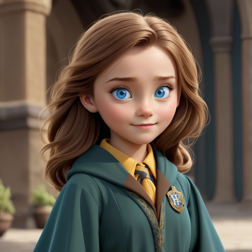 a girl with blue eyes, brown straight hair dressed in hufflepuff hogwarts robes