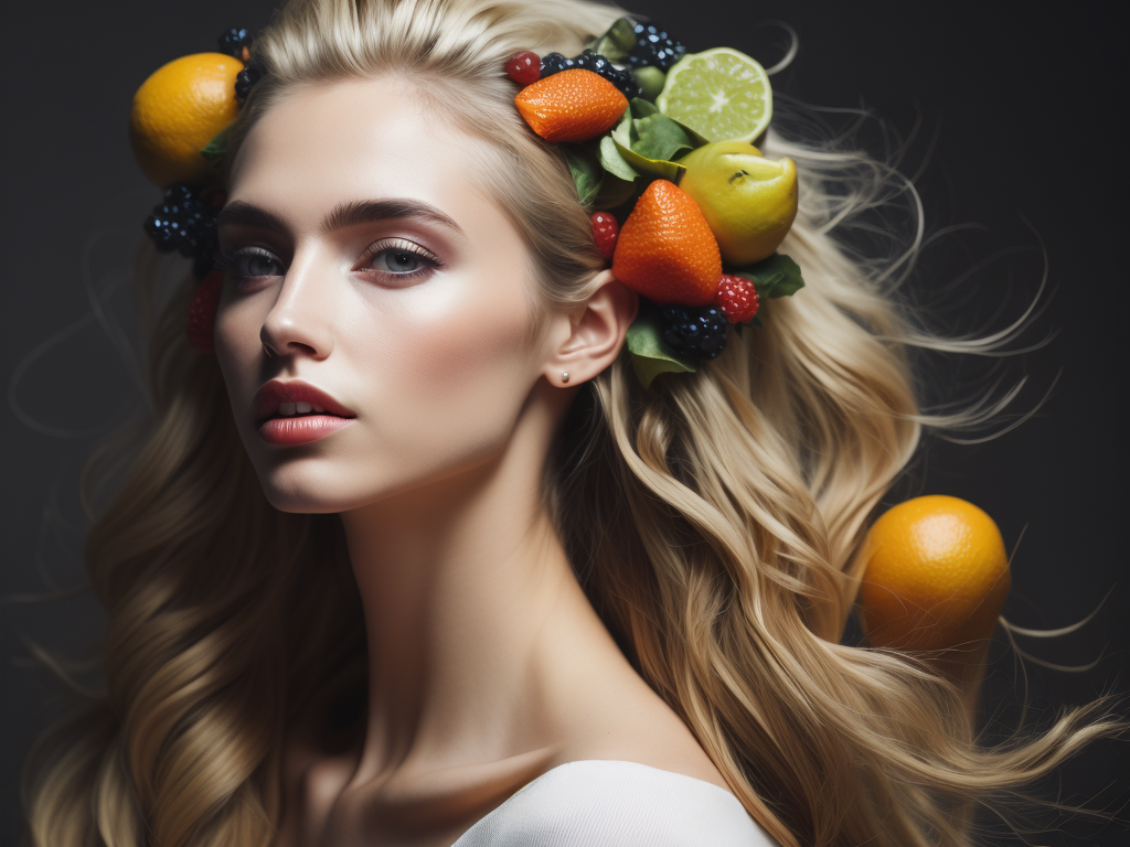 Pretty blonde girl with fruits in the hair,fashion magazine,sharp focus,highly detailed,bright and saturated colors,elegant