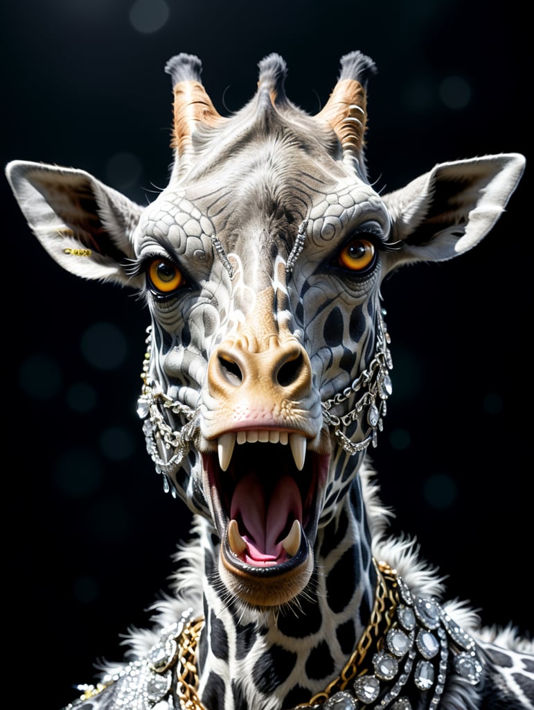 angry silver glitter fur GIRAFFE with big ice grey eyes with white diamond iced out chain, black background, realistic, 4k,