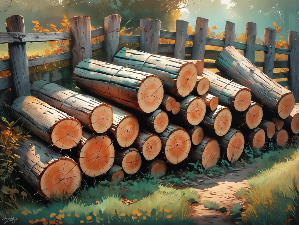 Pile of logs by a fence