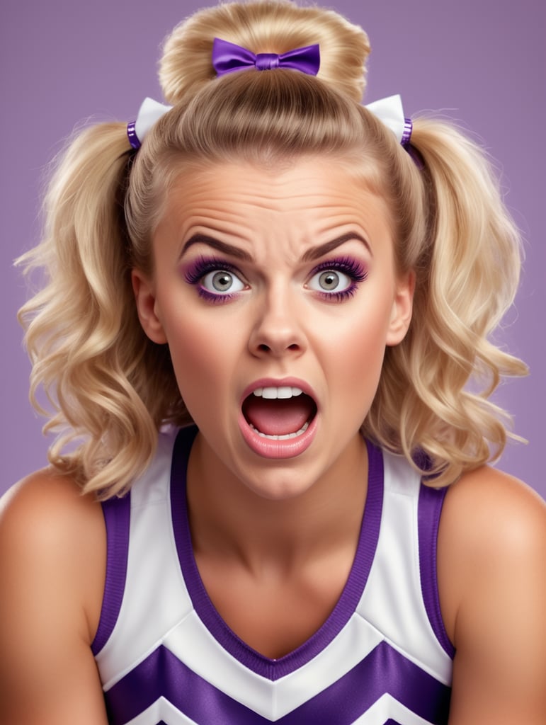 Portrait of a cheerleader looking slightly shocked. Light purple background. Realistic.