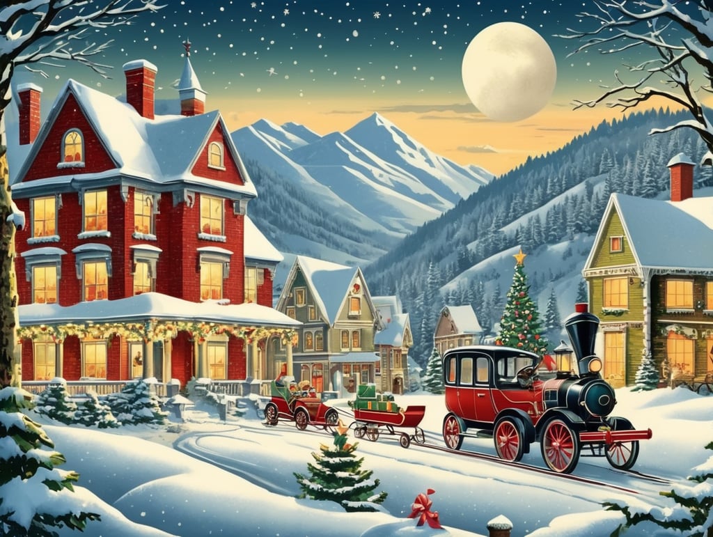 vintage Christmas postcard illustration, vector art