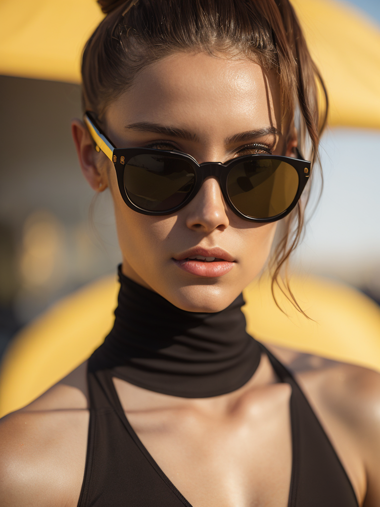 Portrait of a fashion model dressed in a black swimsuit and a yellow transparent sun glasses, Sunny weather, Contrasting light, Hair in a bun