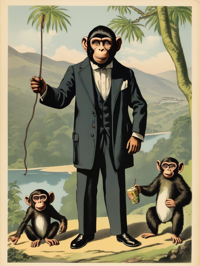 Illustration of a monkey puppets in the style of Donald Fraser Gould McGill and a Bamforth postcard
