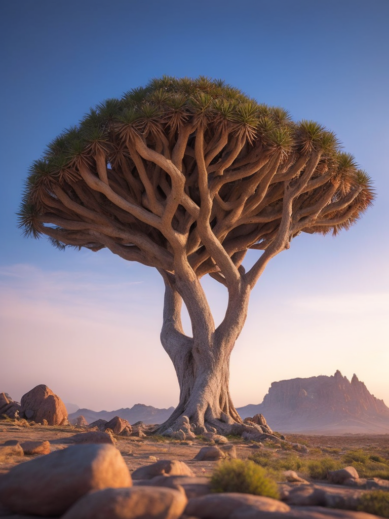 Dragon blood tree, savanna, sunset, Depth of field, Incredibly high detailed, stones, rocks, mountains on the horizon