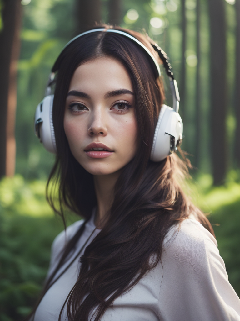 Beautiful girl listening to relaxing music with her headphones that takes her to a surreal forest, art by ilya kuvshinov and wlop, intricate, sharp focus, trending on artstation