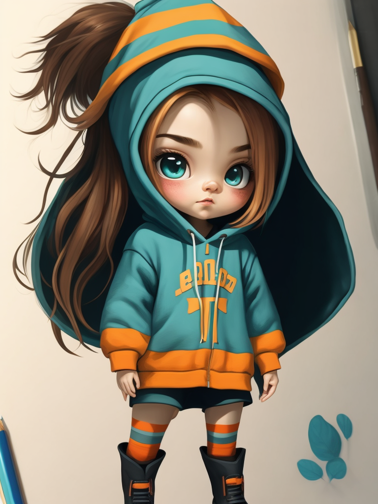 Chibi girl with long hair wearing oversized hoodie and thigh socks 3d render ultra quality hyperrealism