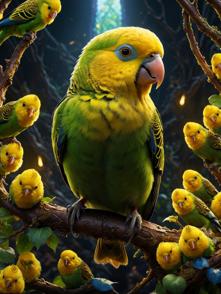 Disney Pixar inspired movie poster with the title Angela in the image а budgerigar, yellow green color.