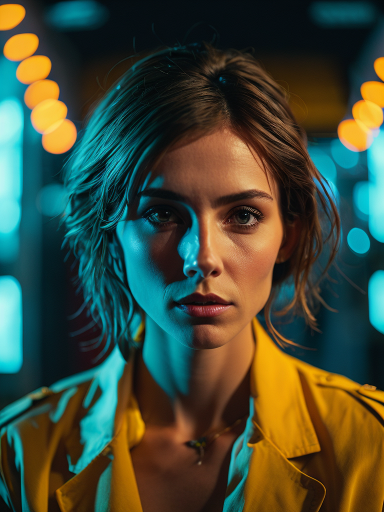 a women looks on the camera, yellow side lighting, focused gaze, canon 50 lens, focus on the face everything else is in blur, the blade runner scene.