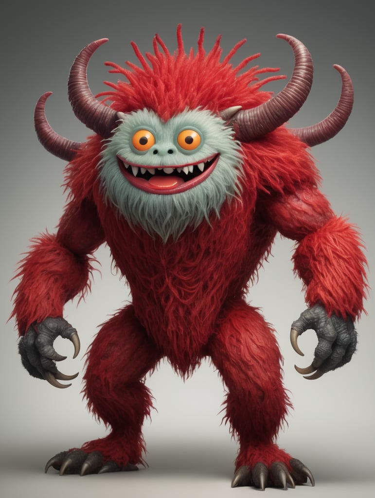 3 legged creature with square head, spaghetti like arms, red skin and hair, is very hairy, plump, large round eyes, and circular mouth